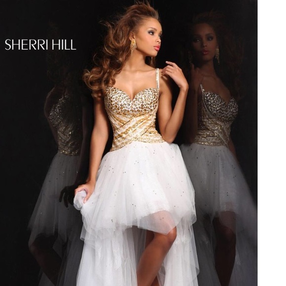 Sherri Hill 21168 white and gold prom dress size 0 - Picture 2 of 7